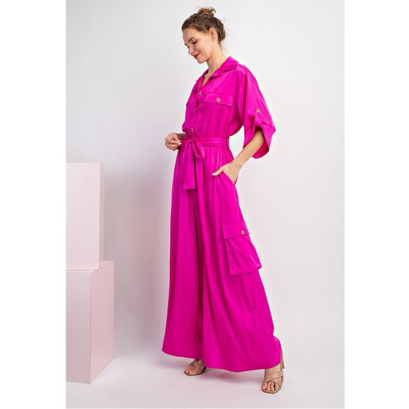 200 • Fuchsia Pink Satin Palazzo Jumpsuit - Picture 5 of 10